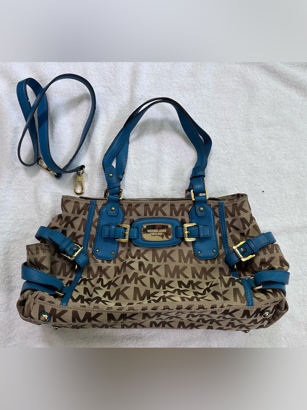 Michael Kors Brown Logo Shoulder Bag with Blue Leather Trim